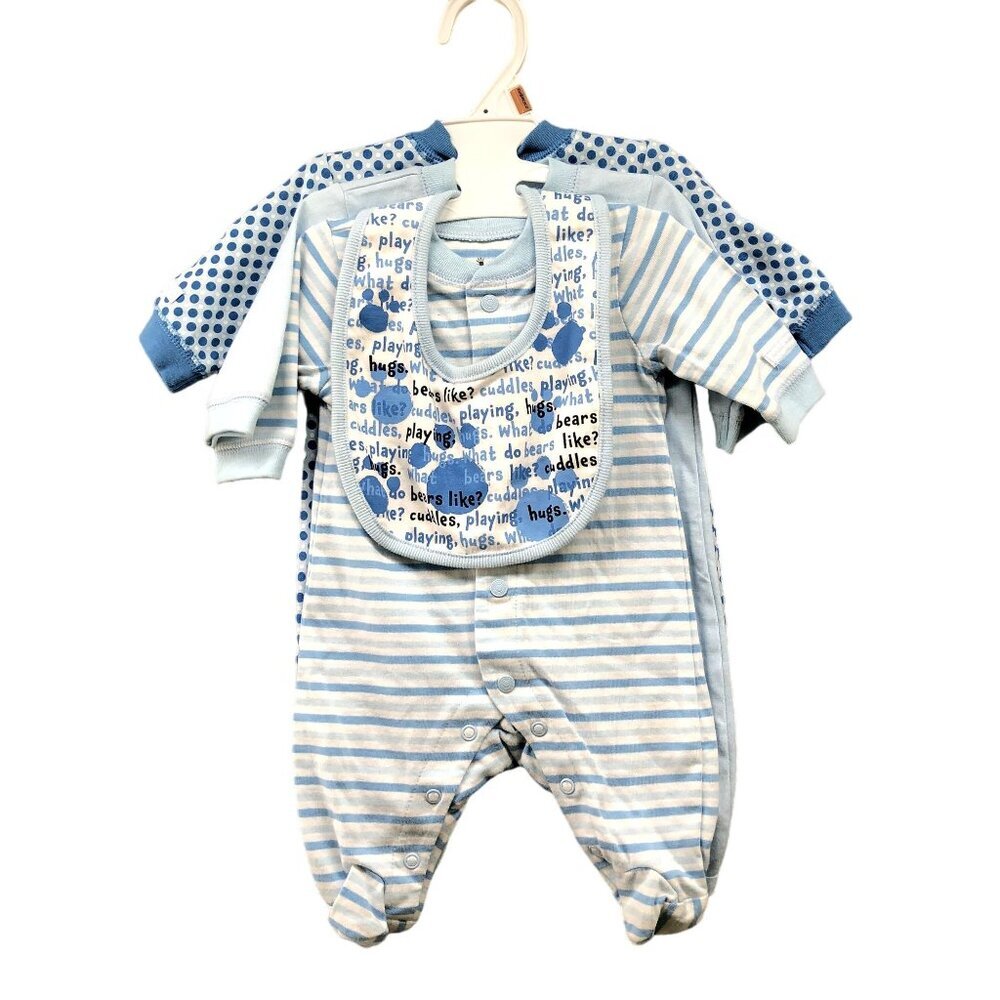 NEW Small Wonder Newborn Boy 3 Piece Footed Pajamas With Bib 100% Cotton Bear